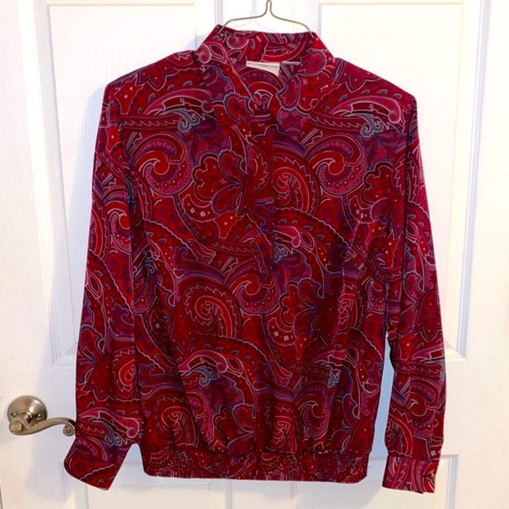 Alfred Dunner Vintage Paisley Smocked Waist Button Down Blouse w/ Shoulder Pads